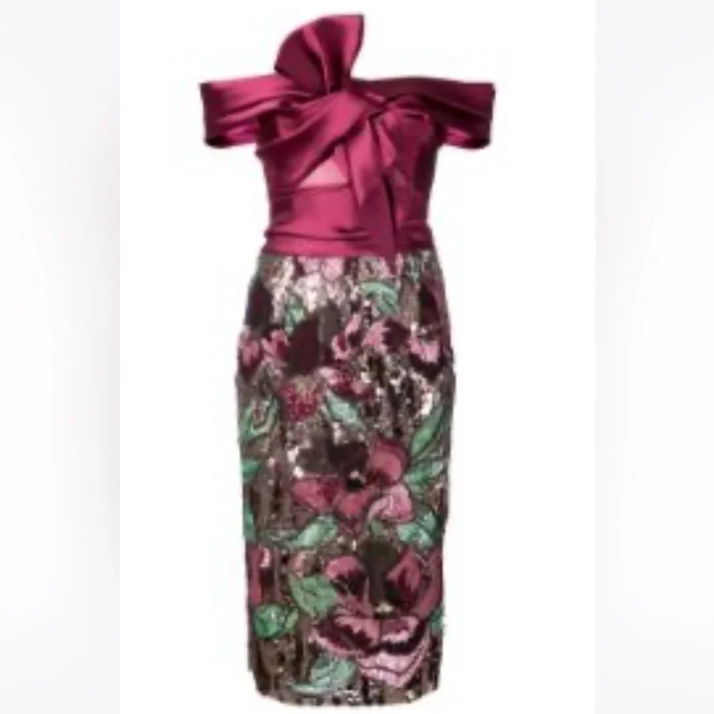 MARCHESA NOTTE Bardot-Style Floral Embellished Dress Size 10 - Picture 1 of 8